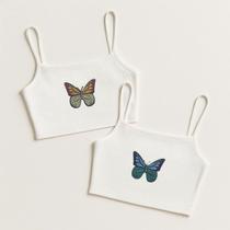 Kit 2 Top Cropped de Alcinha Canelado com Borboleta Bordada - Branco