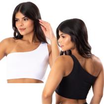 Kit 2 Top Cropped Feminino Básico Um Ombro Só Alça Larga Sem Bojo Casual