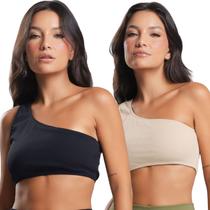 KIT 2 Top Fitness Canelado Feminino Bella Fiore Academia Ombro Só Poliamida Assimétrico Mula Manca Tamanho:PCor:Preto+B