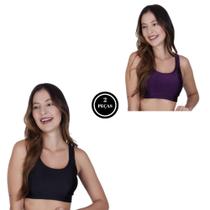 Kit 2 Top Fitness com Bojo Removível 3D Moda Feminina Sustentação- KIT 2 TOP NICOLA PRETO ROXO Kit 2 Top Fitness com Bojo Removível 3D Moda Feminina Sustentação- KIT 2 TOP NICOLA PRETO ROXO