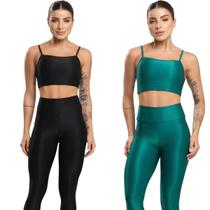 KIT 2 Top Fitness Esmeralda Bella Fiore Roupa Para Academia Treino Moda Feminina Musculação Tamanho:GGCor:Preto+verdeG