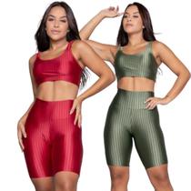 KIT 2 Tops e Bermuda New Zig 3D WLS Modas Conjunto de Academia Treino Moda Fitness Feminina