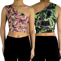 Kit 2 Tops Femininos Cropped Regata Um Ombro Mula Manca Estampas Sortidas Suplex PP ao Plus Size