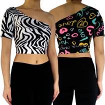 Kit 2 Tops Femininos Manga Curta Um Ombro Só Mula Manca Estampas Sortidas Suplex PP ao Plus Size