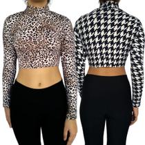 Kit 2 Tops Femininos Manga Longa Gola Alta Justos Estampas Sortidas Suplex PP ao Plus Size