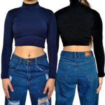 Kit 2 Tops Femininos Manga Longa Gola Alta Justos Lisos Cores Sortidas Malha Crepe Pp ao Plus Size