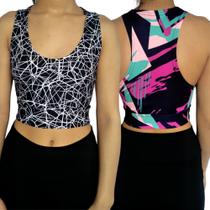 Kit 2 Tops Femininos Regata Justos Barra Estampas Sortidas Suplex PP ao Plus Size