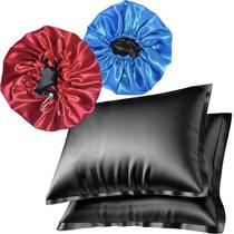 Kit 2 Toucas Cetim 2 fronhas Cetim Com Aba Glow Antifrizz Lavavel Cabelo