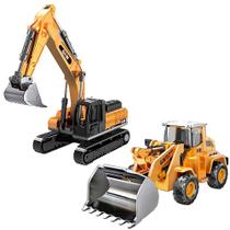 Kit 2 Tratores Pá Carregadeira e Escavadeira Articulados Partes de Metal Coleção 1:64
