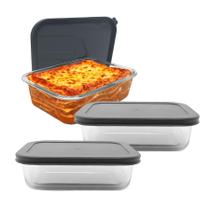 Kit 2 Travessas Assadeira 2600ml Lasanheira de Vidro Com Tampa Forno Microondas