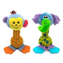Kit 2 un Brinquedos Bebê Pelúcia Chocalho e Mordedor Elefante e Macaco