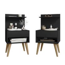 Kit 2 unidades de mesa de Cabeceira RV Móveis Kosovo com nicho e prateleira pés palito retro Preto Kit 2 unidades de mesa de Cabeceira RV Móveis Kosovo com nicho e prateleira pés palito retro Preto