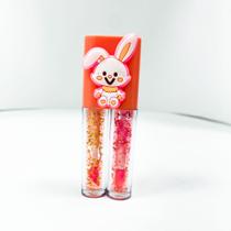 Kit 2 unidades de par duplo Lip tint gloss glitter hidratante tampa bichinho colorido cremoso