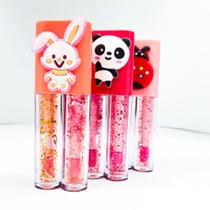 Kit 2 unidades de par duplo Lip tint gloss glitter hidratante tampa bichinho colorido