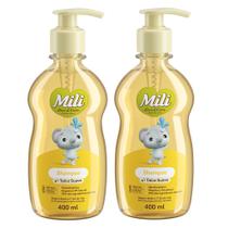 Kit 2 Unidades Shampoo Bebê Mili Love Care Talco Suave 400ml Premium Hipoalérgico PH Natural 99% Kit 2 Unidades Shampoo Bebê Mili Love Care Talco Suave 400ml Premium Hipoalérgico PH Natural 99%