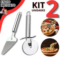 Kit 2 Utensílio Inox Cortador De Pizza E Espátula Com Serra Para Pizzas E Bolo Para Cozinha Restaurante Pizzaria