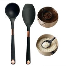 Kit 2 Utensílios De Cozinha Em Silicone Cinza Detalhe Rose Gold Resistente ao Calor Colher e Concha