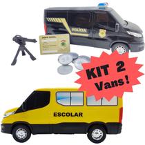 Kit 2 - Van Escolar Com Abertura De Portas + Van Policial Com Acessórios Brinquedo Infantil
