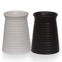 Kit 2 Vaso Cerâmica Cachepot Redondo Riscado Branco E Preto