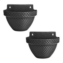 Kit 2 Vaso de Parede Meia Lua Preto 3L com Prato Antidengue 24x18x16cm em Plástico Resistente