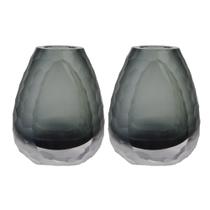 Kit 2 Vaso Oval Vidro Murano Italiano 17X14Cm Pequeno Cinza