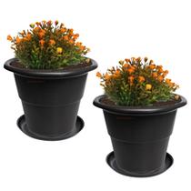 Kit 2 Vaso Redondo Grande Com Prato Plástico Para Flores Plantas Jardim Preto - AMZ Kit 2 Vaso Redondo Grande Com Prato Plástico Para Flores Plantas Jardim Preto - AMZ