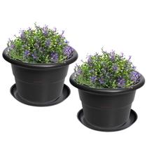 Kit 2 Vaso Redondo Pequeno Com Prato Plástico Para Flores Plantas Jardim Preto - AMZ