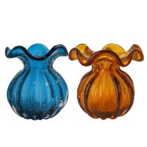 Kit 2 Vaso Vidro Murano Trouxinha Flor Plantas Arranjos Azul e Âmbar 10x11cm