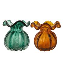 Kit 2 Vaso Vidro Murano Trouxinha Flor Plantas Arranjos Verde Esmeralda e Âmbar 10x11cm Kit 2 Vaso Vidro Murano Trouxinha Flor Plantas Arranjos Verde Esmeralda e Âmbar 10x11cm