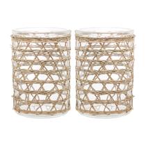 Kit 2 Vasos Decorativos De Vidro & Fibra Natural Pequeno 10x13 Para Mesa