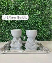 Kit 2 Vasos em Porcelana Orando, Para Planta 19x10cm Decoração de Ambiente