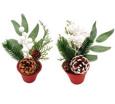 Kit 2 Vasos Natal Folhagens, Berries e Pinhas Nevado 20cm