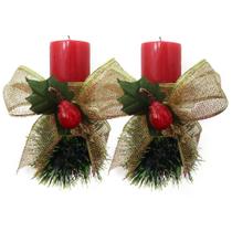 Kit 2 Velas Vermelhas Decorativas Para Natal Com Laço Dourado e Fruta - Gici Christmas