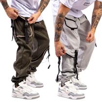 Kit 2 Verde e Cinza Calça Cargo Jogger Unissex Estilo Gringa Coreana com Bolsos Laterais Larga Estilosa tactel Kit 2 Verde e Cinza Calça Cargo Jogger Unissex Estilo Gringa Coreana com Bolsos Laterais Larga Estilosa tactel