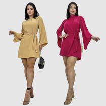Kit 2 Vestido Curto Manga Longa Flare Cinto Gola Alta Duna Moda Elegante Lançamento 2025