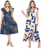 Kit 2 Vestido Feminino Longo/Midi Decote V Amarração Cintura Fenda Frontal Malha Viscolycra Kit 2 Vestido Feminino Longo/Midi Decote V Amarração Cintura Fenda Frontal Malha Viscolycra