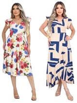 Kit 2 Vestido Feminino Longo/Midi Decote V Amarração Cintura Fenda Frontal Malha Viscolycra