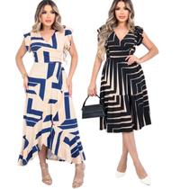 Kit 2 Vestido Feminino Longo/Midi Decote V Amarração Cintura Fenda Frontal Malha Viscolycra Kit 2 Vestido Feminino Longo/Midi Decote V Amarração Cintura Fenda Frontal Malha Viscolycra