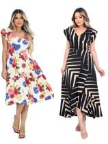 Kit 2 Vestido Feminino Longo/Midi Decote V Amarração Cintura Malha Viscolycra