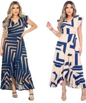 Kit 2 Vestido Feminino Longo/Midi Decote V Fenda Frontal Amarração Cintura Malha Viscolycra Kit 2 Vestido Feminino Longo/Midi Decote V Fenda Frontal Amarração Cintura Malha Viscolycra