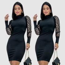 Kit 2 Vestido Feminino Midi Canelado Com Manga Bufante Poá