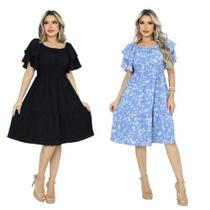 Kit 2 Vestido Feminino Midi Ciganinha Lástex na Cintura Babados Moda Evangélica