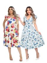 Kit 2 Vestido Feminino Midi Decote V Ajuste na Cintura Saia Godê Malha Viscolycra