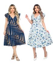 Kit 2 Vestido Feminino Midi Decote V Amarração Cintura Saia Godê Malha Viscolycra Kit 2 Vestido Feminino Midi Decote V Amarração Cintura Saia Godê Malha Viscolycra