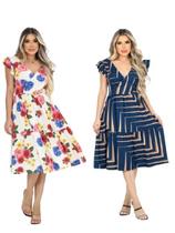 Kit 2 Vestido Feminino Midi Decote V Amarração Cintura Saia Godê Malha Viscolycra