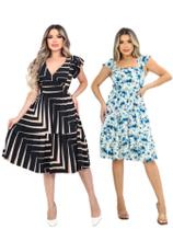 Kit 2 Vestido Feminino Midi Manga Curta Evasê Decote Quadrado Babado Barra Malha Viscolycra