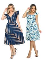 Kit 2 Vestido Feminino Midi Manga Curta Evasê Decote Quadrado Babado Barra Malha Viscolycra