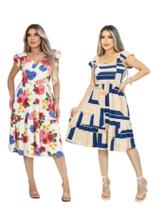 Kit 2 Vestido Feminino Midi Manga Curta Evasê Decote Quadrado Babado Barra Malha Viscolycra Kit 2 Vestido Feminino Midi Manga Curta Evasê Decote Quadrado Babado Barra Malha Viscolycra