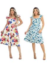 Kit 2 Vestido Feminino Midi Manga Curta Evasê Decote Quadrado Babado Barra Malha Viscolycra