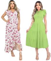 Kit 2 Vestido Feminino Midi Manga Tulipa Babado Três Marias Poá E Longo Decote V Manga Curta Babado Barra Malha Viscolycra